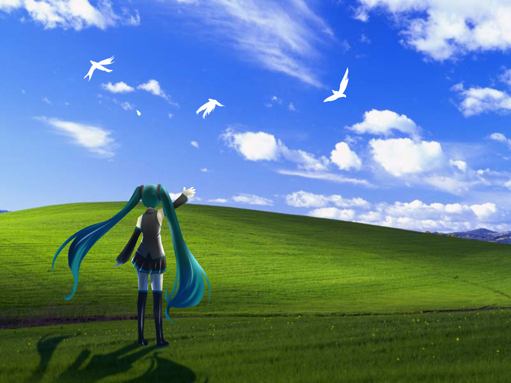 Hatsune Miku waving at birds over the Windows XP Bliss hill